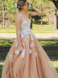 Elegant Sweetheart Floor Length Lace Top Champagne Prom Dresses JS591