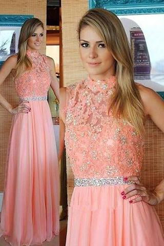 Nectarean High Neck Floor-Length Sleeveless Peach Prom Dress with Beading Lace Top JS585