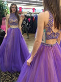 Stylish Two Piece High Neck Floor-Length Prom Dress with Beading Open Back JS587