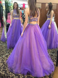 Stylish Two Piece High Neck Floor-Length Prom Dress with Beading Open Back JS587