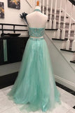 Elegant Halter Two Pieces Sky Blue Backless Tulle Prom Dresses with Beading JS743