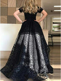 Vintage A-Line Off the Shoulder Black Lace High Low Short Sleeve Prom Homecoming Dresses JS80