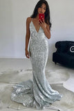 V Neck Mermaid Long Prom Dresses Sequins Party Dresses