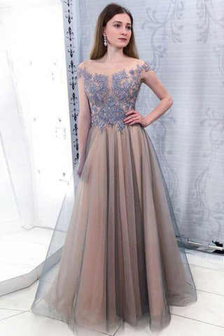 Chic Off Shoulder Sleeveless Floor Length Lace Prom Dresses with Appliques