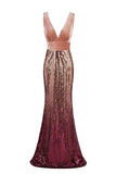 Sexy Sequins Mermaid V Neck Burgundy Velvet Long Prom Dresses Backless Evening Dress SJS15352