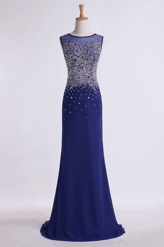 Prom Dresses Scoop Sheath Beaded Tulle Bodice With Long Chiffon Skirt