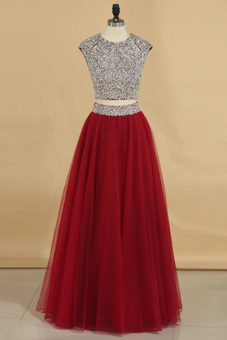 Two-Piece Scoop Open Back Prom Dresses Tulle With Beading A Line