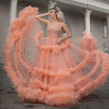 Gorgeous Ball Gown Spaghetti Straps Tulle Ruffles V Neck Prom Dresses with Sequins SJS15519