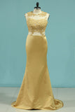 Mermaid Prom Dresses Scoop Satin With Applique Sweep Train