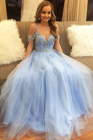 A-Line/Princess Off-The-Shoulder Floor-Length Tulle Sleeveless Beading Dresses Evening Dress