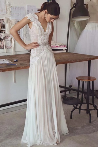 Unique V Neck Cap Sleeves Chiffon Beach Wedding Dress With Beading SJSPGG9HAF7