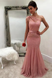 Mermaid One Shoulder Tulle With Beads And Sash Prom Dresses Sweep Train