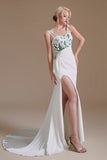 Simple Spaghetti Straps Appliques Sweep Train High Split Wedding Dresses