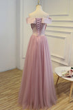 Boat Neck Tulle With Applique Prom Dresses A Line Floor Length