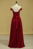 Burgundy/Maroon Prom Dresses Off The Shoulder A Line Chiffon Floor Length With Ruffles