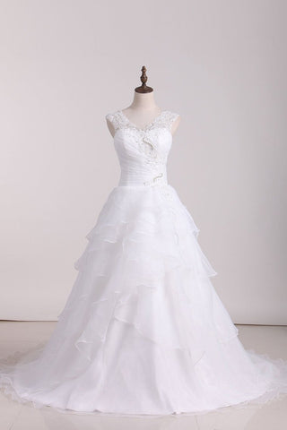 A Line Off The Shoulder Organza Beads & Applique Wedding Dresses