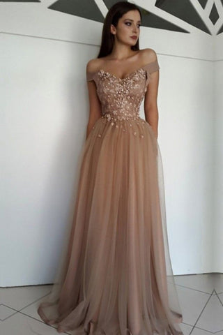 A-Line/Princess Sleeveless Off-The-Shoulder Floor-Length Applique Tulle Dresses