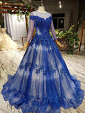 Sheer Scoop Neck Long Sleeve Ball Gown Prom Dresses With Beaded Applique