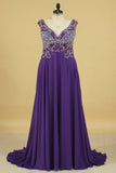 A Line V Neck Beaded Bodice Chiffon Sweep Train Prom Dresses