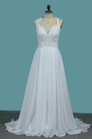 Sexy Open Back Chiffon A Line Straps Wedding Dresses With Applique