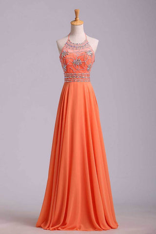 Halter Prom Dress Beaded Bodice A Line Chiffon Long Chic Dresses