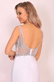 Spandex V Neck Beaded Bodice Mermaid Sweep Train Prom Dresses See-Through