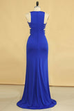 Plus Size New Arrival Scoop Prom Dresses Dark Royal Blue Mermaid Spandex With Beading Sweep Train