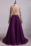 Prom Dresses Scoop A Line With Applique And Beads Floor Length Long Sleeves