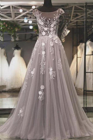 Prom Dress Scoop Lace Sweep Tulle With Appliques