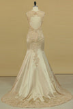 V Neck Mermaid Open Back Wedding Dresses Satin With Applique Court Train