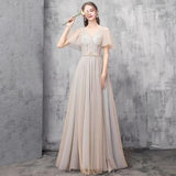 Elegant Off Shoulder Floor Length Tulle Prom Dress, Lace up Bridesmaid Dresses SJS15185