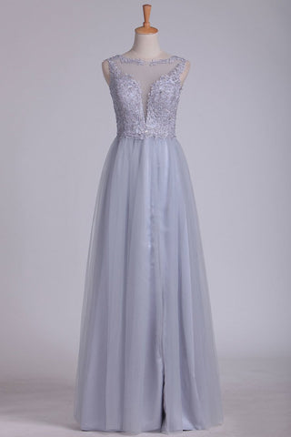 Prom Dresses A Line Bateau Tulle With Applique Floor Length