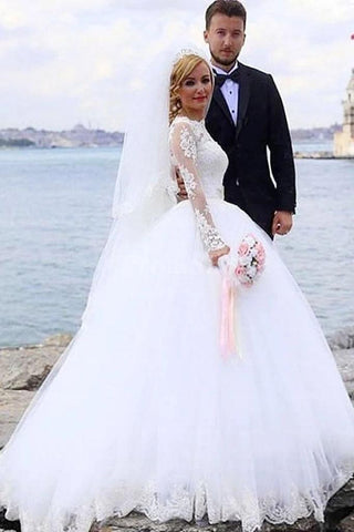 Elegant Ball Gown Lace Long Sleeve Wedding Dresses with Appliques, Tulle White Bridal Dress SJS15156