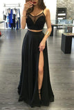 Custom Made Black Popular Two Pieces Floor Length Spaghetti Straps Prom Dresses JS764