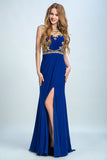 Scoop Neckline Column Beaded Bodice Prom Dresses With Court Train Slit