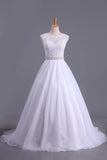 White Scoop Wedding Dresses A-Line Court Train With Beads & Applique