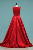 Satin A Line Scoop With Beading Sweep Train Prom Dresses