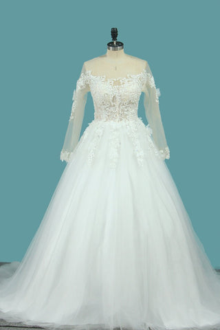 A Line Long Sleeves Tulle Scoop Wedding Dresses With Applique And Beads Sweep Train