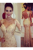 Scoop Mermaid Prom Dresses Sequins With Applique Floor Length Long Sleeves