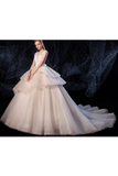 Ball Gown Tulle Wedding Dresses Straps Beads Chapel Train