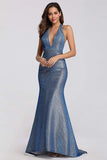 Sexy V Neck Halter Blue Backless Prom Dresses, Cheap Long Party Dresses SJS15365