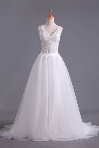 New Arrival Spaghetti Straps Wedding Dresses Sheath Lace & Tulle With Applique Court Train SJSPRX2EKZH