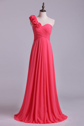 One Shoulder A Line Bridesmaid Dress With Handmade Flowers Chiffon