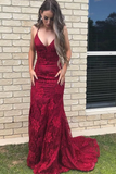 Elegant Straps V Neck Lace Mermaid Long Evening Dresses Prom SJSPS1EG38N