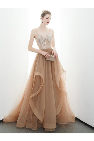 A-Line Spaghetti Straps Tulle Long Appliques Prom Dresses Formal Evening Dress