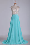 V Neck Beaded Bodice A Line Prom Dresses Chiffon & Tulle Sweep Train