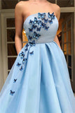 Unique A Line Blue Strapless Tulle Prom Dresses with Butterfly, Pockets Formal Dresses SJS15449