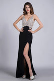 Prom Dresses Full Beaded Spandex Bodice Backless Sexy Court Train Black