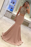 Two-Piece High Neck Beaded Bodice Prom Dresses Mermaid Satin