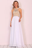 Halter Beaded Bodice Prom Dresses A Line Chiffon Sweep Train